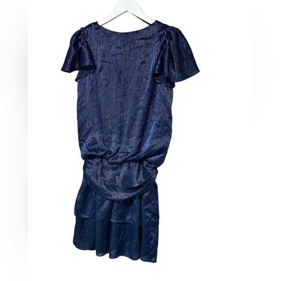 Vintage 80’s Valley Girl Style Mini Dress Black with Shiny Blue Stripes Sz 6 - Picture 2 of 14